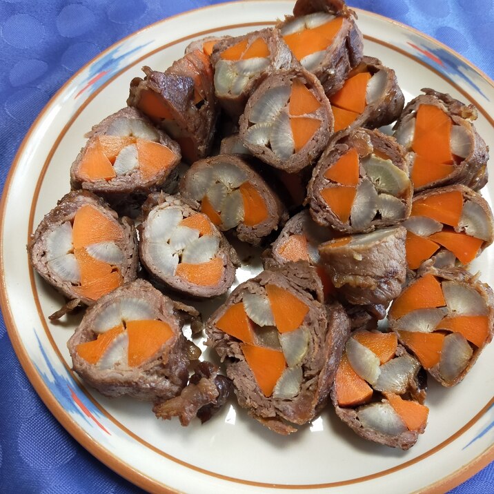 お弁当に。薄切り牛肉の野菜巻煮